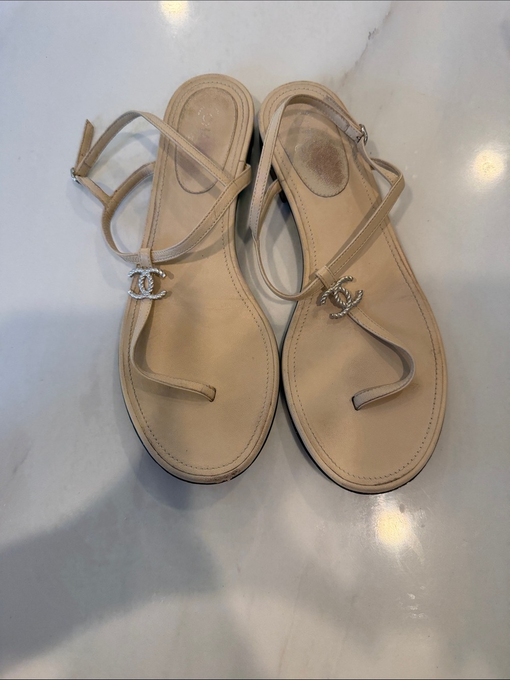 CHANEL Beige Slingback Thong Sandals with CC Logo